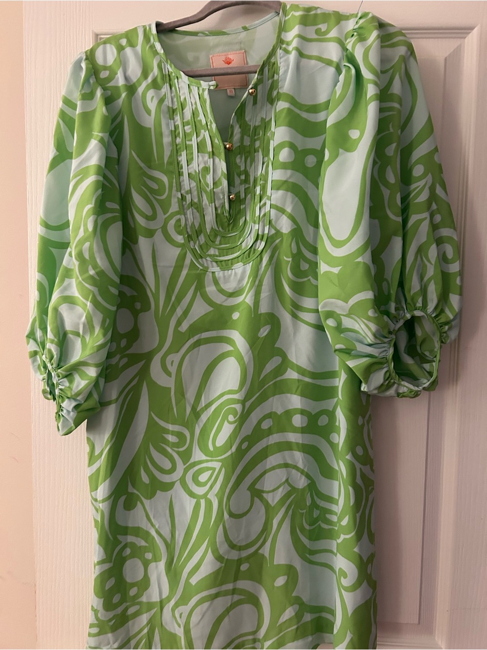 Light Green Patterned Midi Dress with Pintuck Neckline